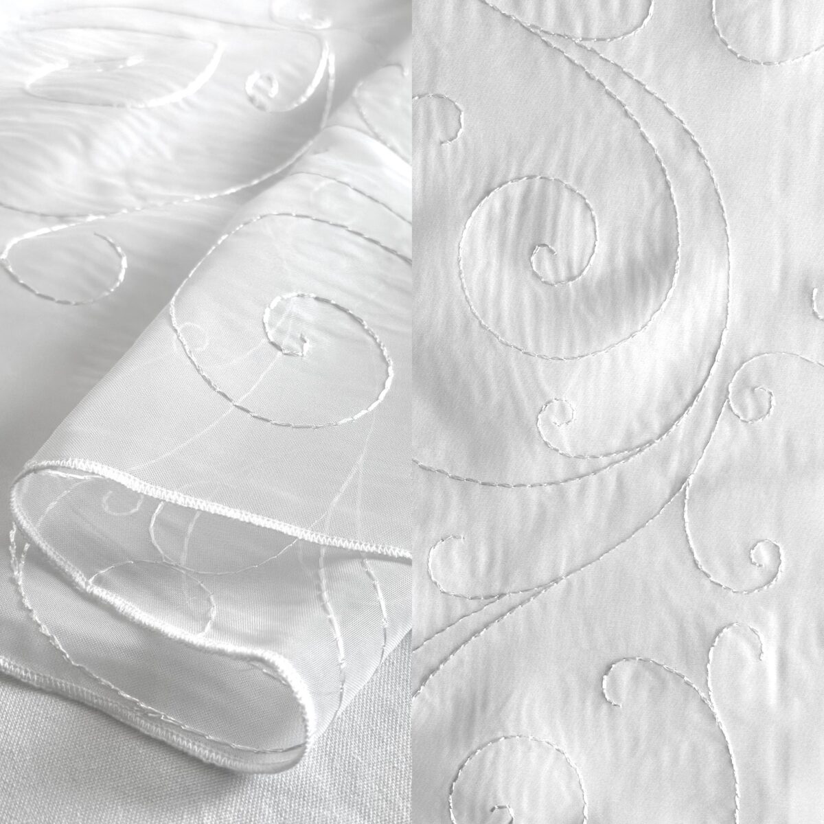 Sheer white embroidered overlay, tablecloth, and runner.