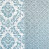 Pale blue and off-white small damask print runner and napkin.