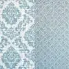Pale blue and off-white small damask print runner and napkin.