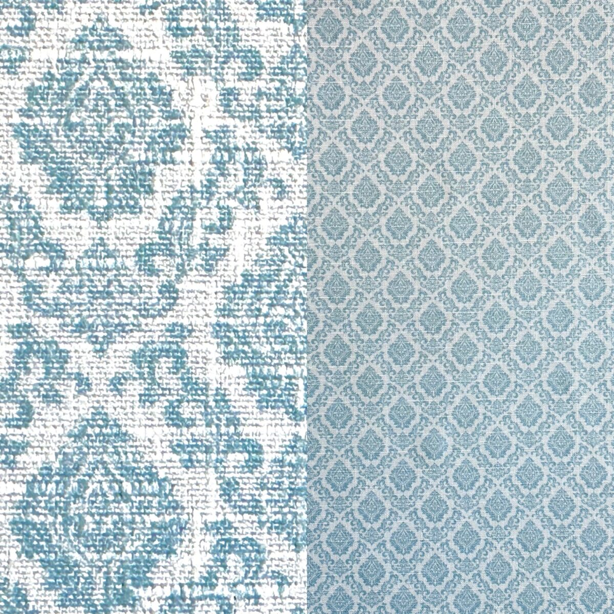 Pale blue and off-white small damask print runner and napkin.