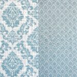 Pale blue and off-white small damask print runner and napkin.