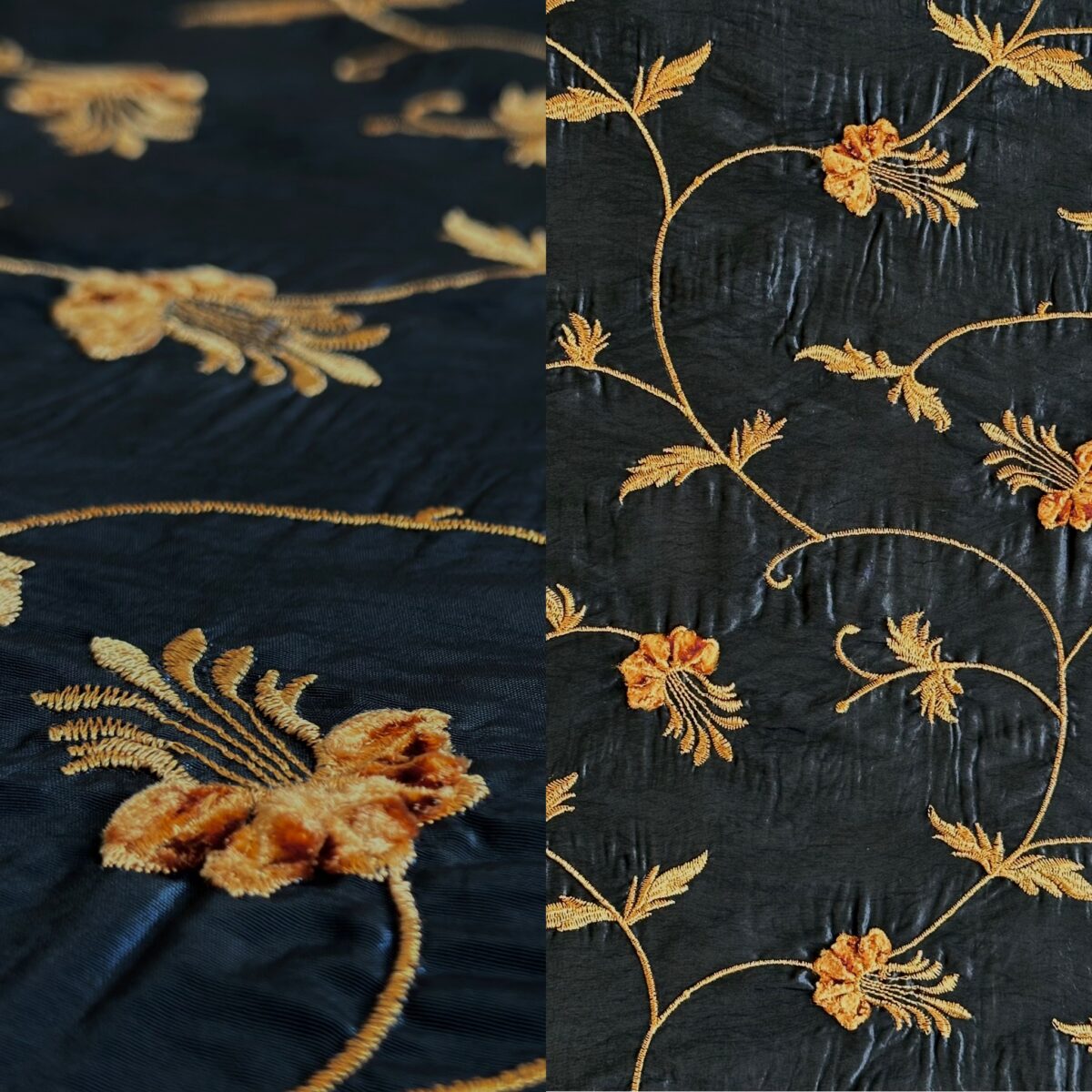 Elegant navy blue and gold embroidered tablecloth and runner.