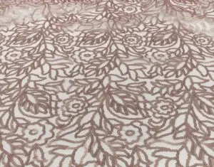 Blush pink rose gold sequin leaf print sheer tablecloth and runner.