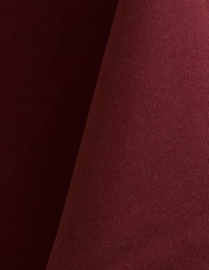 Burgundy polyester tablecloth, runner, sash, and dinner napkin.