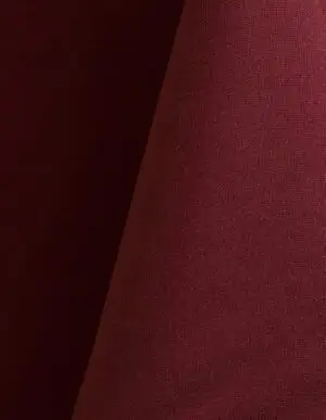 Burgundy polyester tablecloth, runner, sash, and dinner napkin.