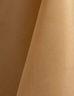 Tan polyester tablecloth, runner, sash, and dinner napkin.