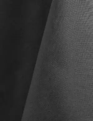 Charcoal grey polyester tablecloth, runner, sash, and dinner napkin.