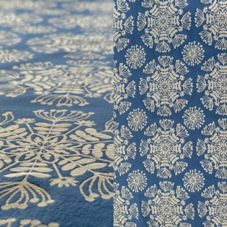 Dusty blue whimsical floral print tablecloth.