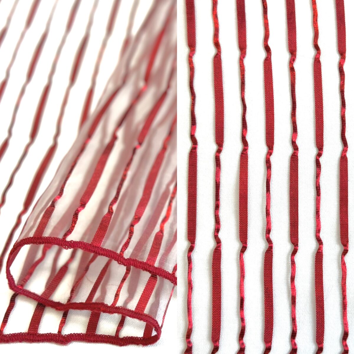 Sheer red festive tablecloth and runner.