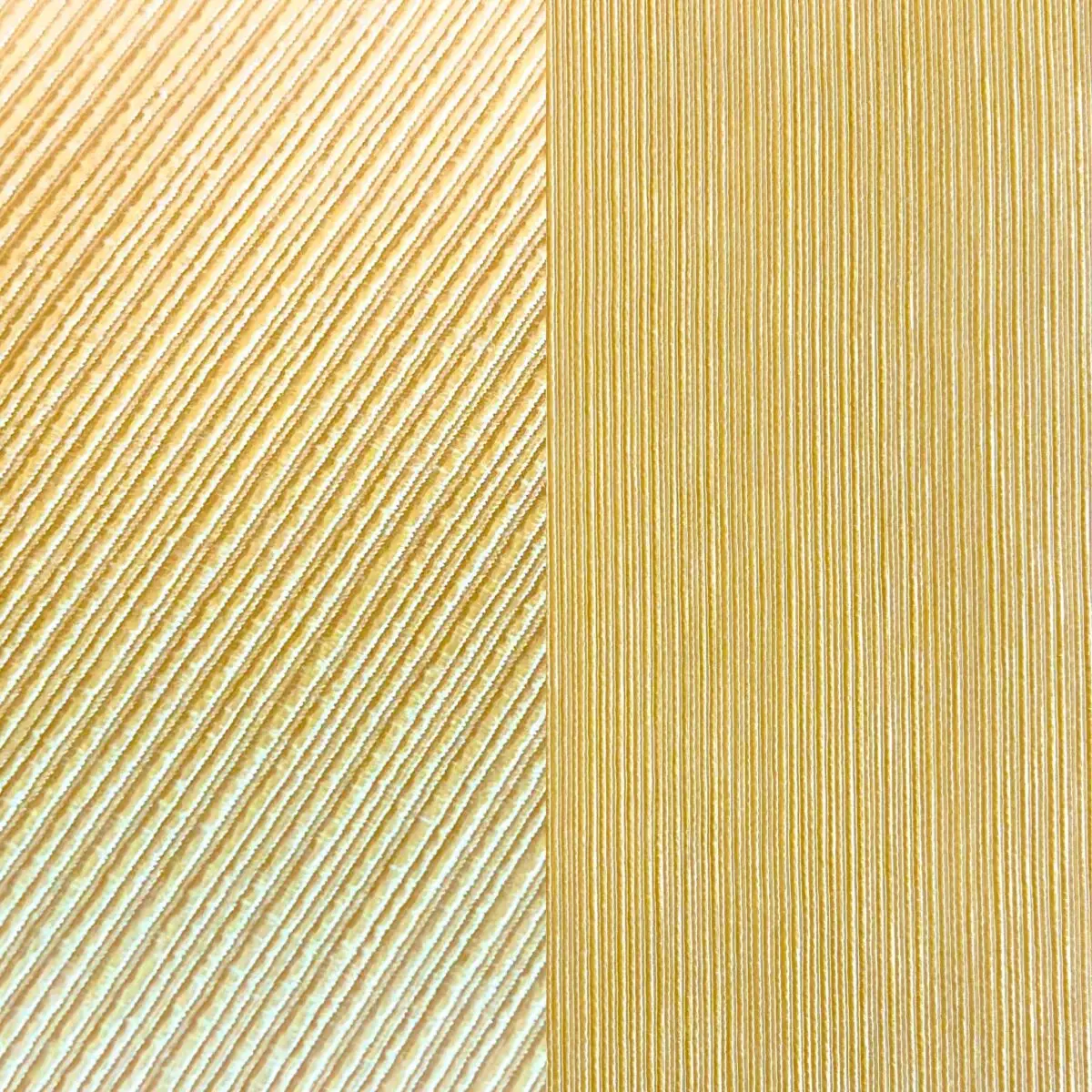 Textured pale yellow tablecloth, runner, and dinner napkin.