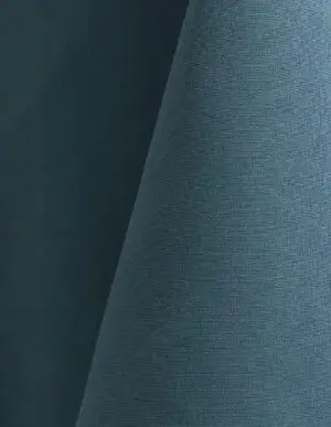 Medium blue polyester tablecloth, runner, sash, and dinner napkin.