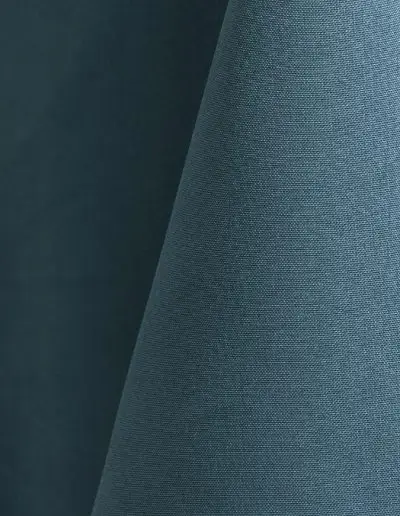 Medium blue polyester tablecloth, runner, sash, and dinner napkin.