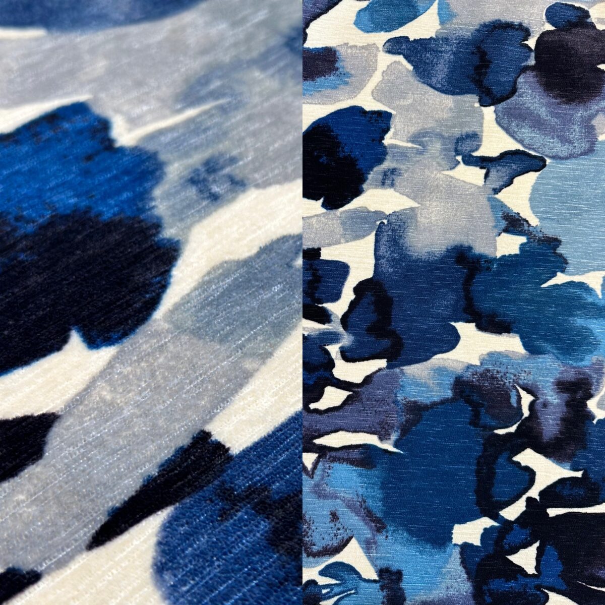 Elegant velvet abstract blue and cream tablecloth and runner.