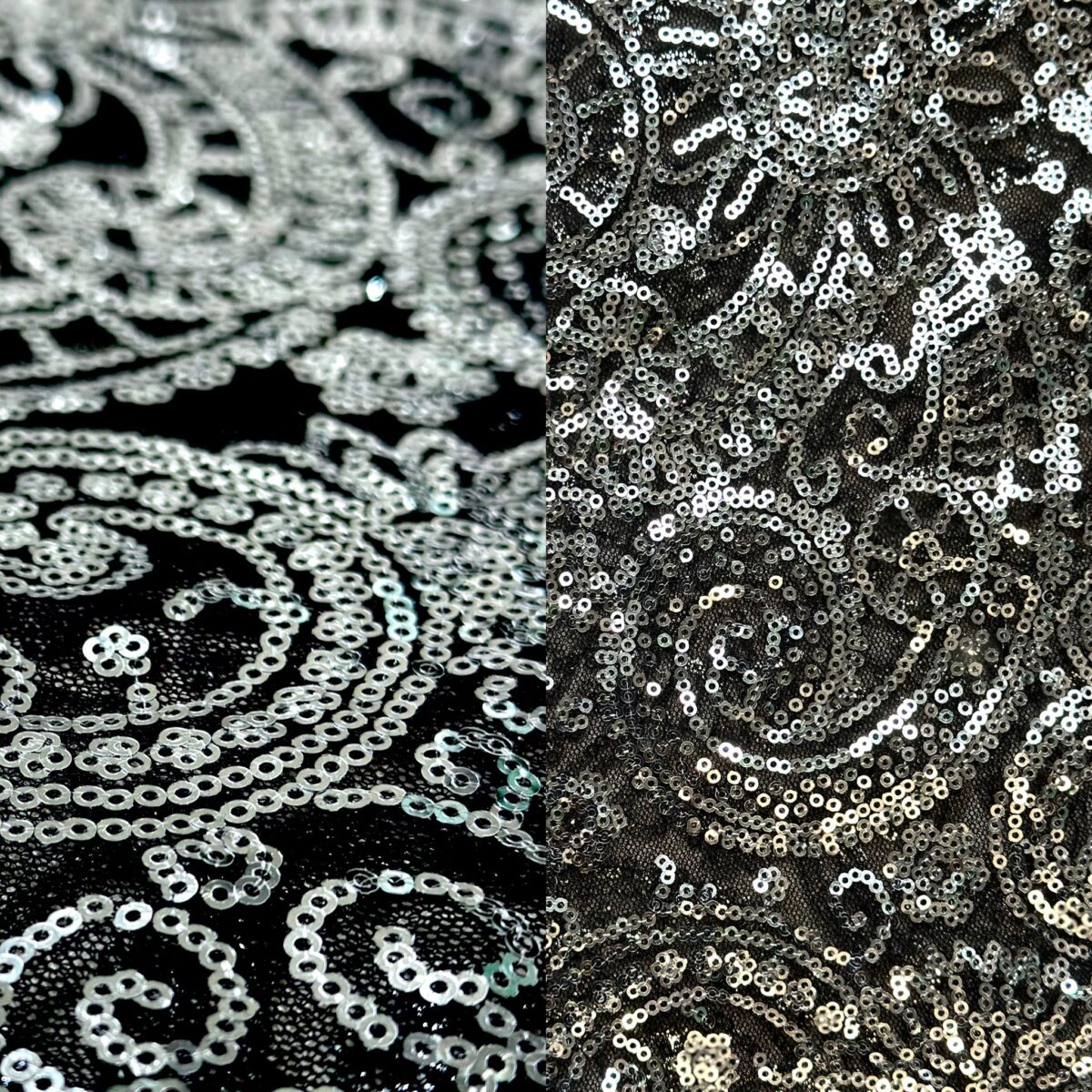 Black and silver sheer sequin print tablecloth and runner.