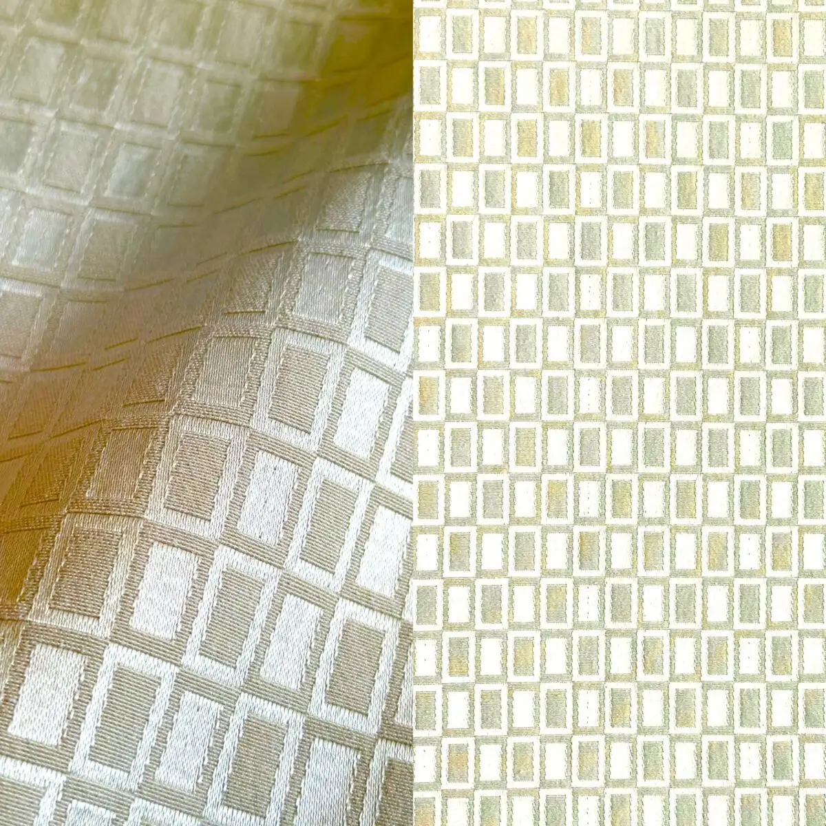Neutral colored geometric print tablecloth.