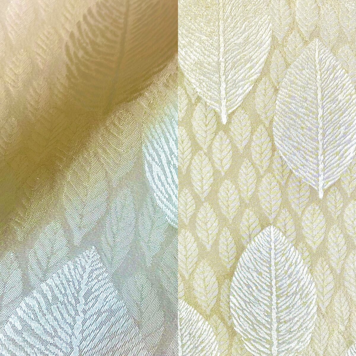 Neautral taupe leaf print tablecloth, dinner napkin, and cocktail napkin.