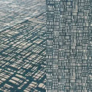 Teal green geometric print tablecloth.