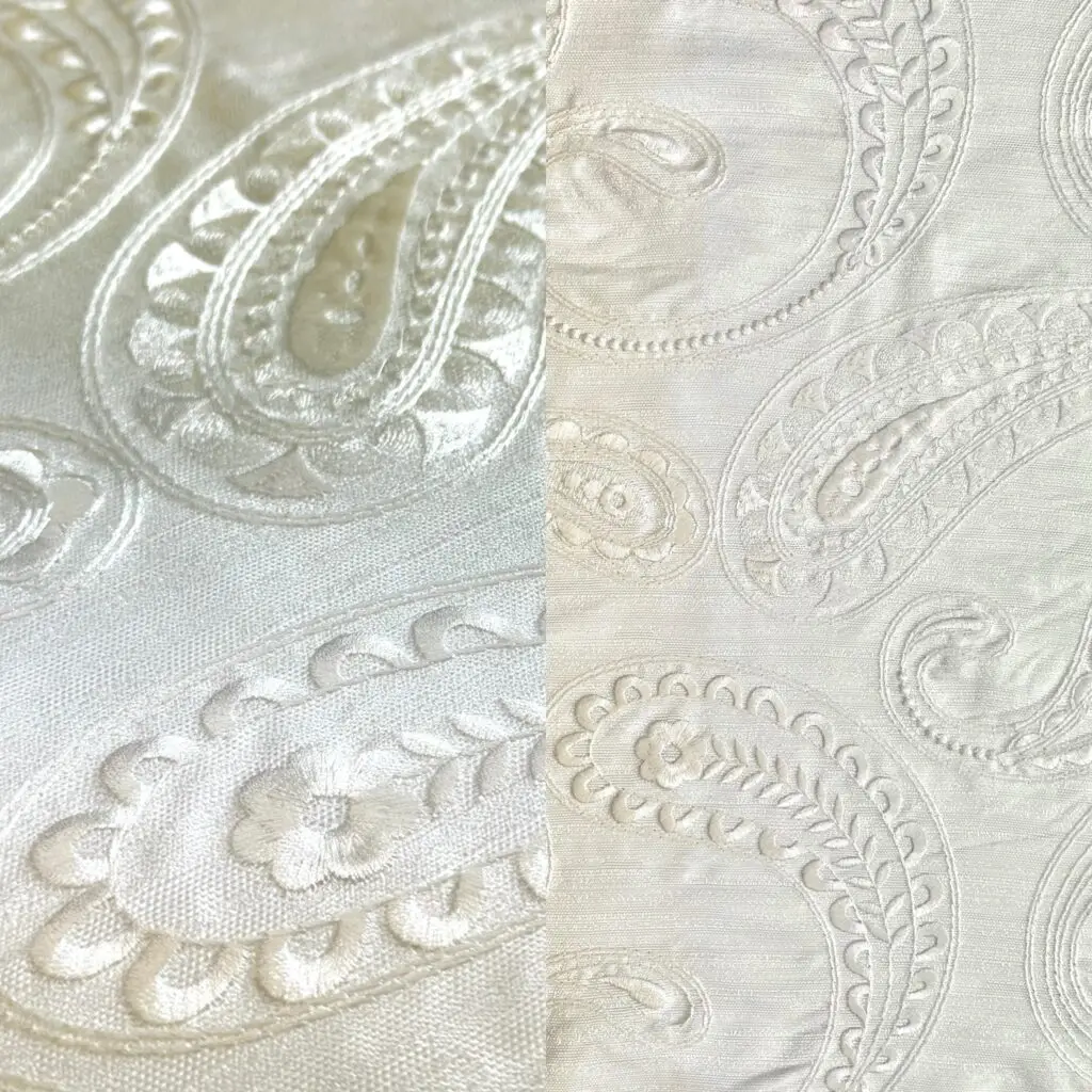 Ivory paisley print tablecloth.