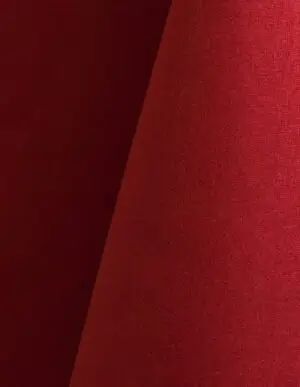 Bright red polyester tablecloth, runner, sash, and dinner napkin.