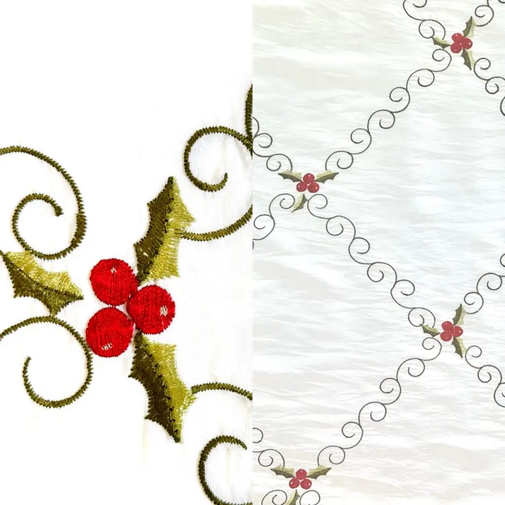 Ivory holly berry print tablecloth and runner.