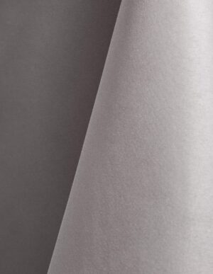 Light gray polyester tablecloth, runner, sash, and dinner napkin.