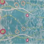 Turquoise blue, orange, geen, and silver taffeta wave and circle print tablecloth and runner.