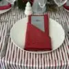 Crimson Ribbon over White Satin with Rouge Napkins