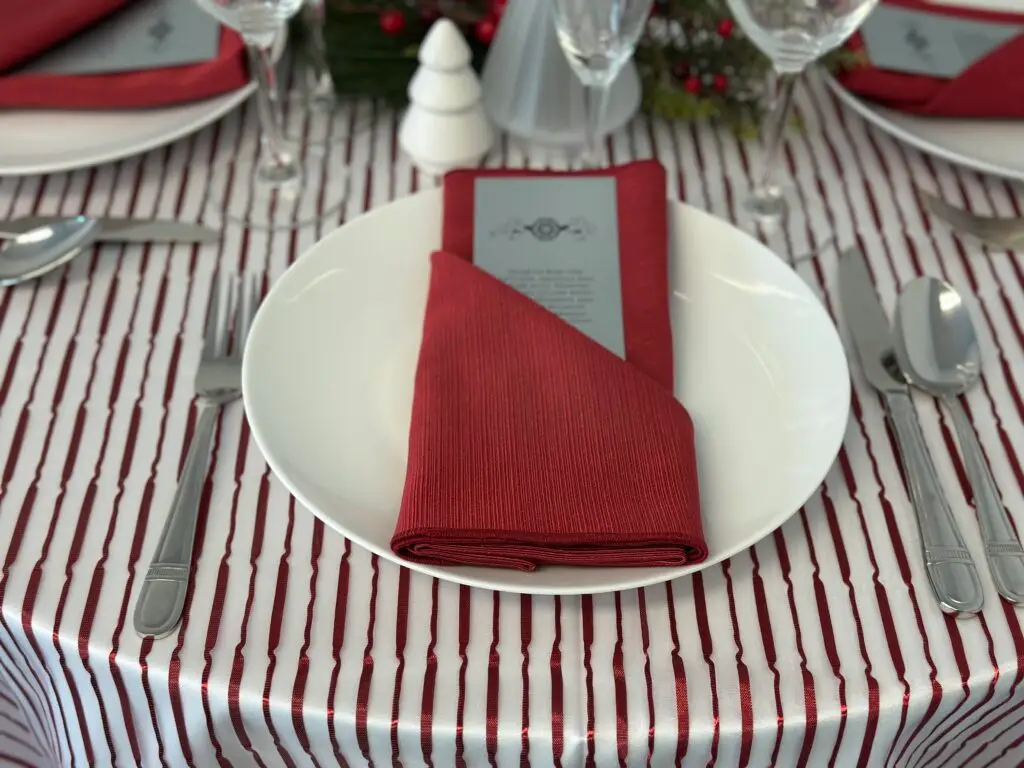 Crimson Ribbon over White Satin with Rouge Napkins