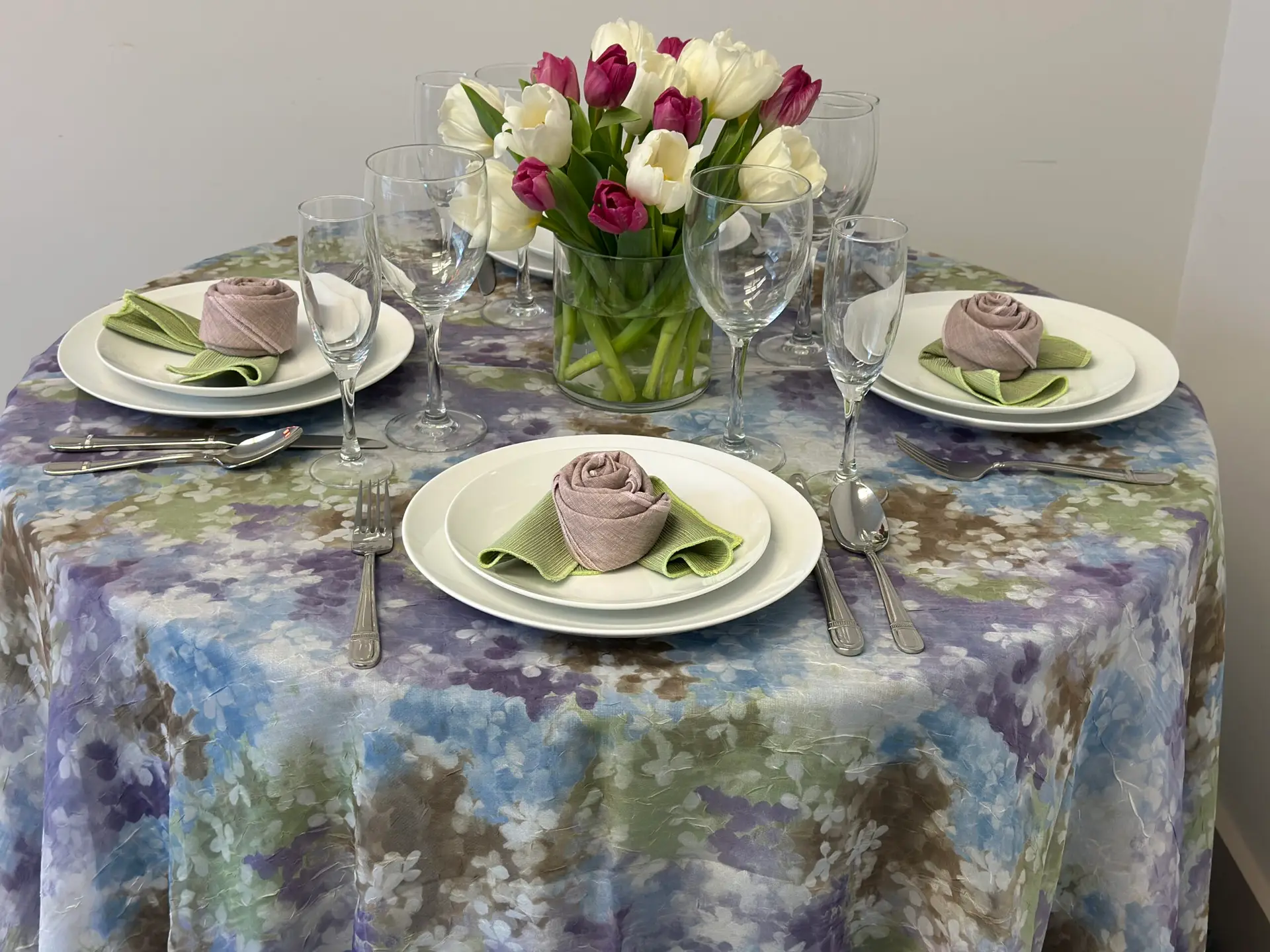 Sheer Hydrangea over Bluebell with Ballet Napkin and Meadow Cocktail Napkin