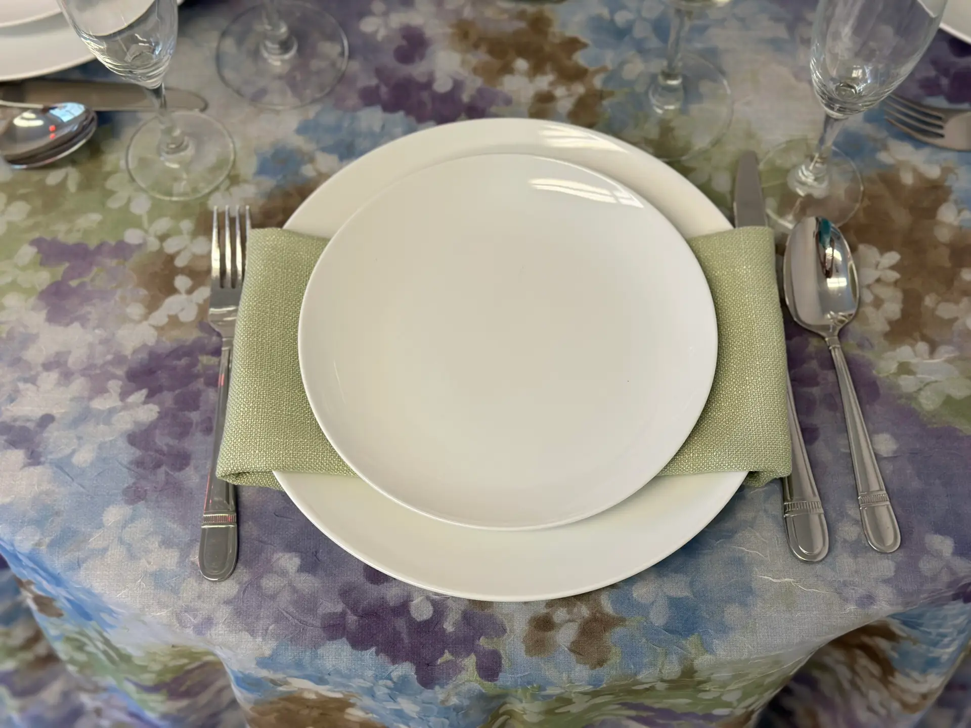 Sheer Hydrangea over Bluebell with Fern Napkin
