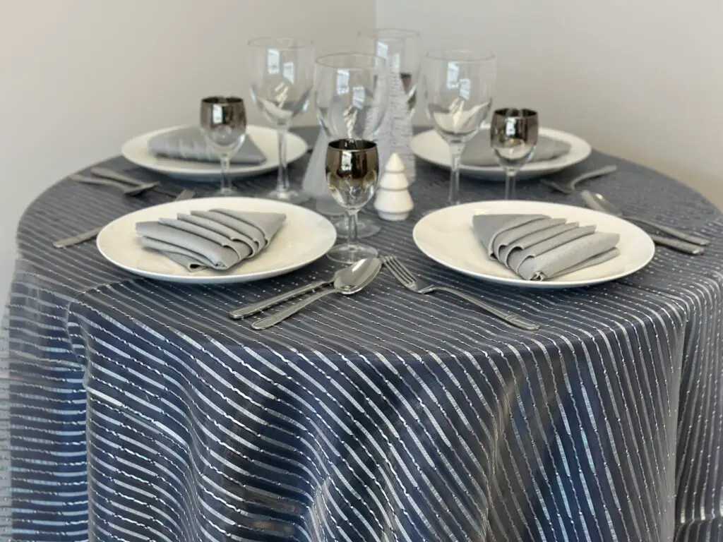 Silver Ribbon over Navy Satin with Platinum Napkin